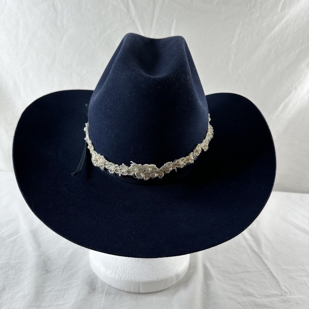 Vtg American Hat Company Co Cowboy Hat Sz 7 Maxi-felt Navy Blue Wedding Appliqué - Picture 5 of 11